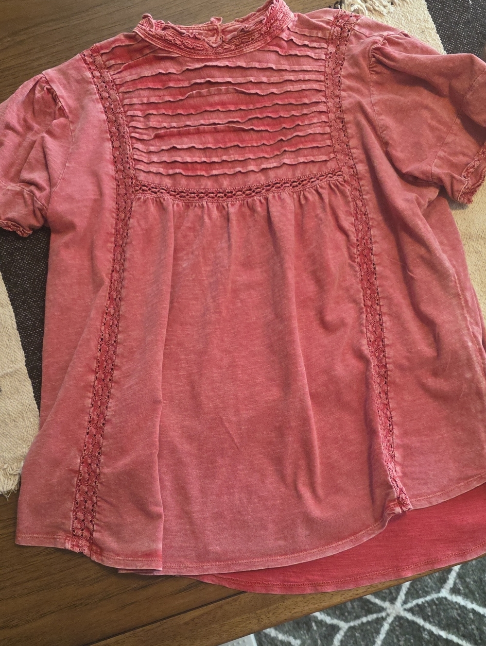 Washed Rose Pintuck & Lace Short Sleeve Blouse